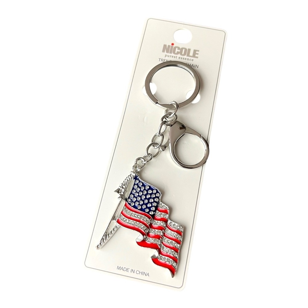 Nicole Women's Keychain USA Flag Rhinestone Metal Silver Red Blue 4" Patriotic